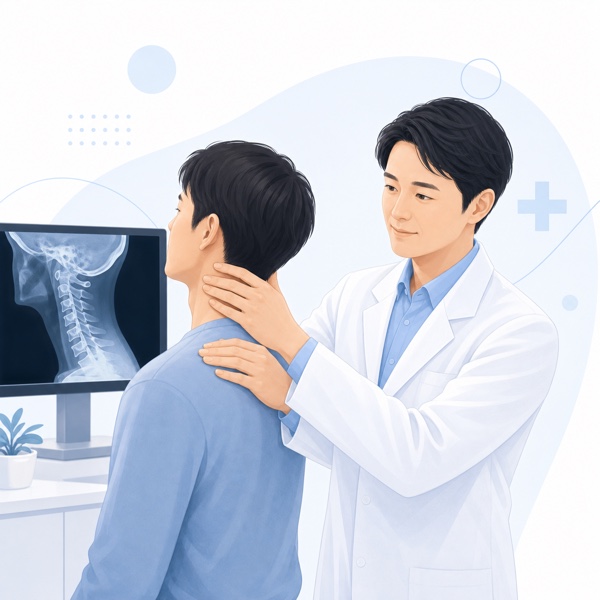 整形外科医が患者の首を診察し画像検査を確認するイメージ