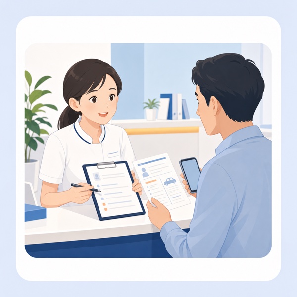 受付で事故状況を確認するイメージ