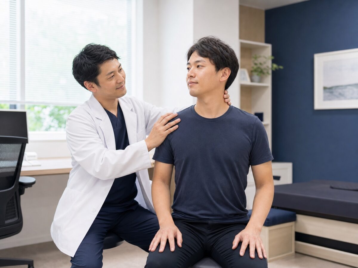 医師が首と肩の状態を確認する診察イメージ