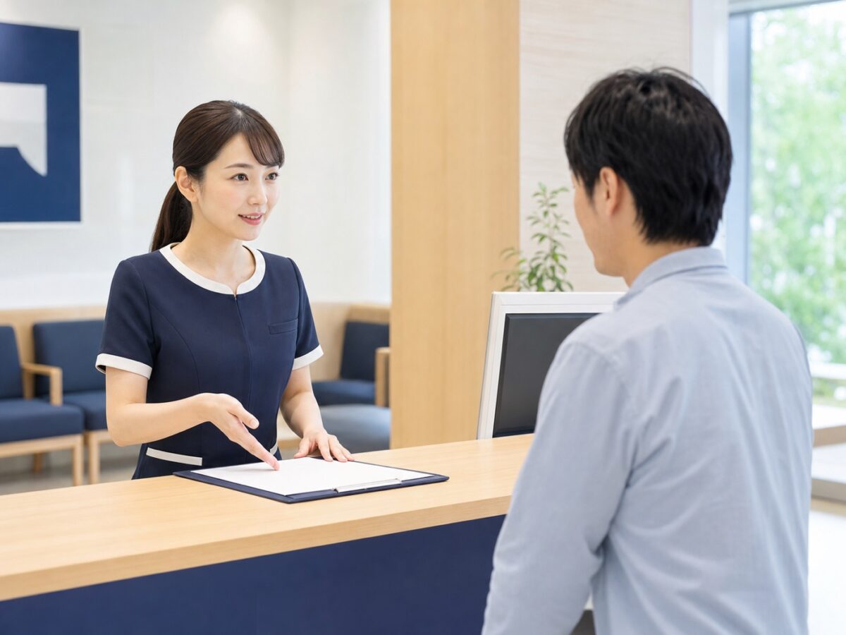 受付スタッフが保険手続きの書類を案内するイメージ